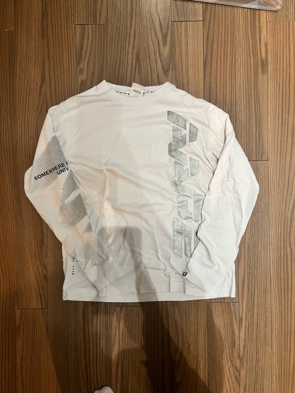 Bape White Long-Sleeve Graphic Tee with Silver Accents